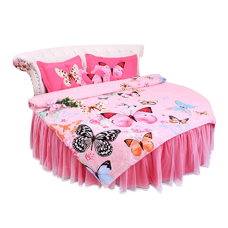Best LACE ROUND Corner Bed Europe Orange color Flower Bedding sets Cotton Round Double Bed sheet Duvet cover Pillow case Bedskirt 54