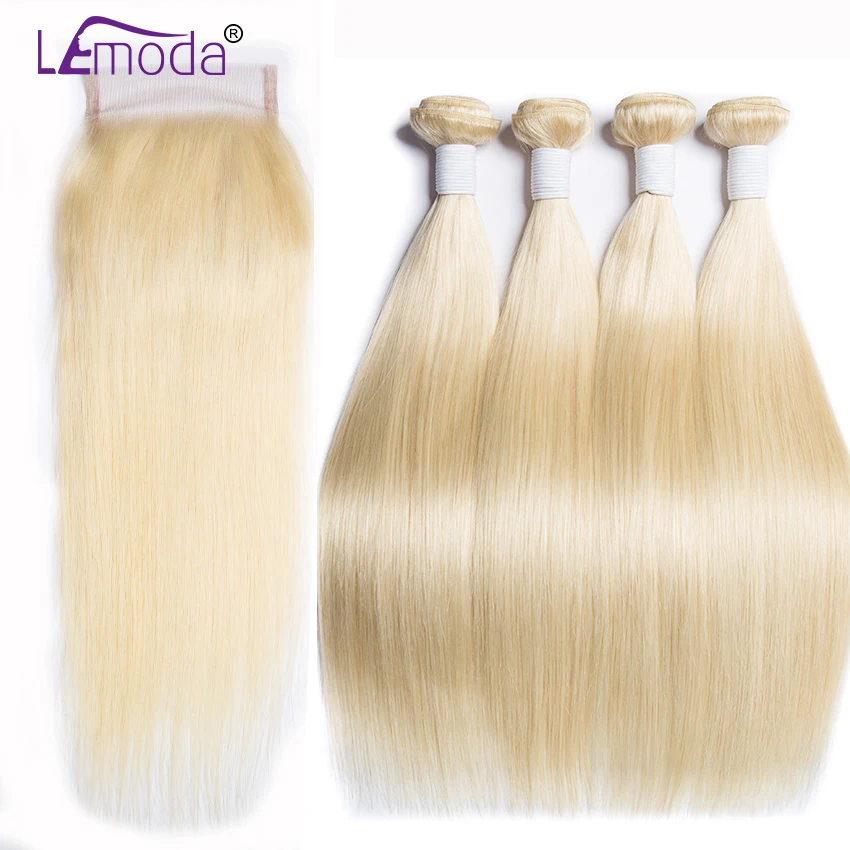 

613 Blonde Straight Hair Bundles With Closure Malaysian Human Hair Bundles With Closure Lemoda Remy Hair Extensions
