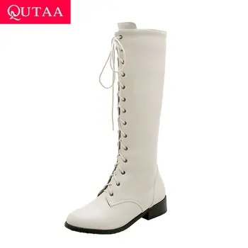 

QUTAA 2020 Round Toe PU Leather Fashion Lace Up Zipper Knee High Boots Square Heel Casual Autumn Winter Women Shoes Size 34-43