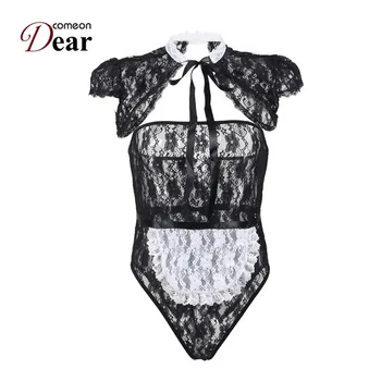 

Comeondear RA80596 Womens Lingerie Plus Size Lace Bodysuit Lingerie Mesh Erotic Teddy Lingerie Top+Apron+Hair hoop Body Lingerie
