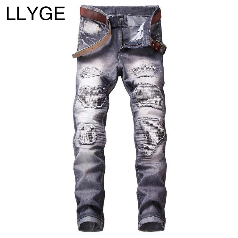 

LLYGE Men's Denim Pants Spring High Street Patchwork Washed Distressed Trousers 5 Colors Plus Size Hip Hop Men Straight Jeans