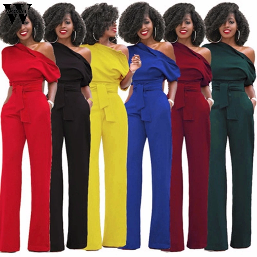 Womail ارتداءها المرأة الصيف عارضة الصلبة قصيرة الأكمام الباردة الكتف بذلة Clubwear واسعة الساق بذلة الأزياء Romper2019 M524