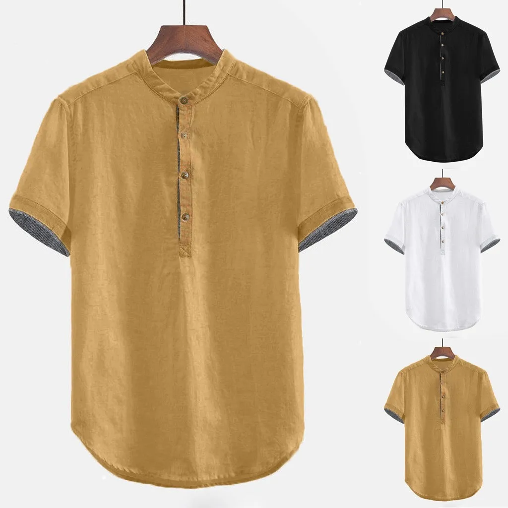 Mens Baggy Shirts Casual Cotton Linen Solid Button Plus Size Half Sleeve Shirt Tops