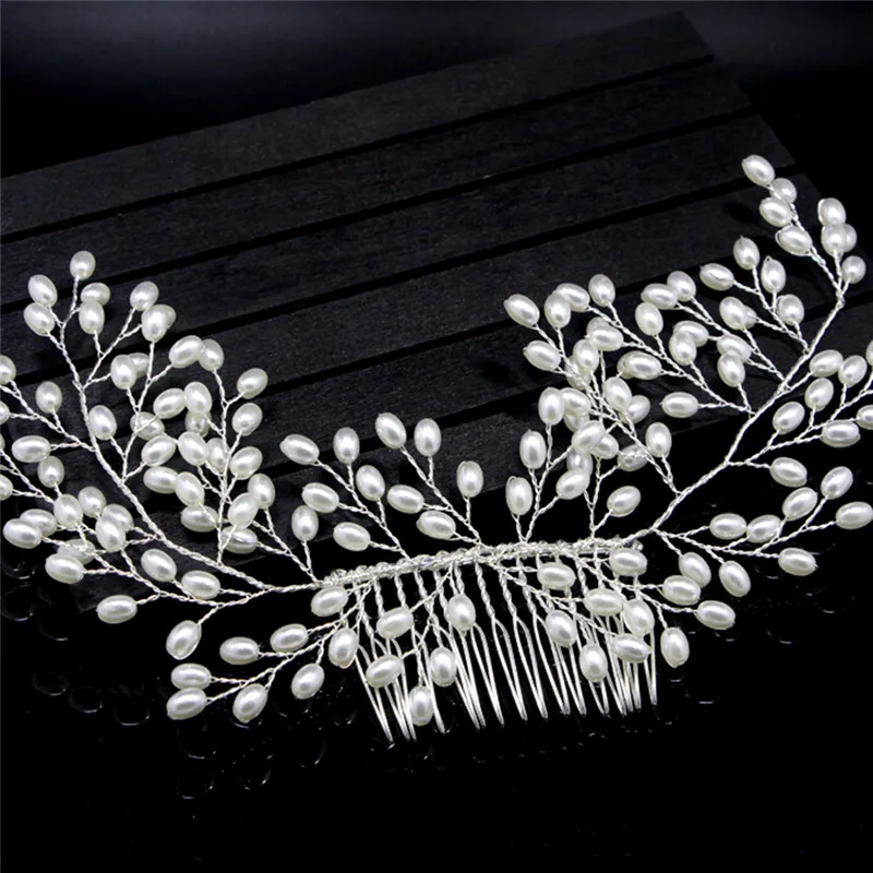 Handmade Silver Simulated Pearl Bride Wedding Headpieces Hair Jewelry Crystal Headband Tiara Bride Hair Accessories