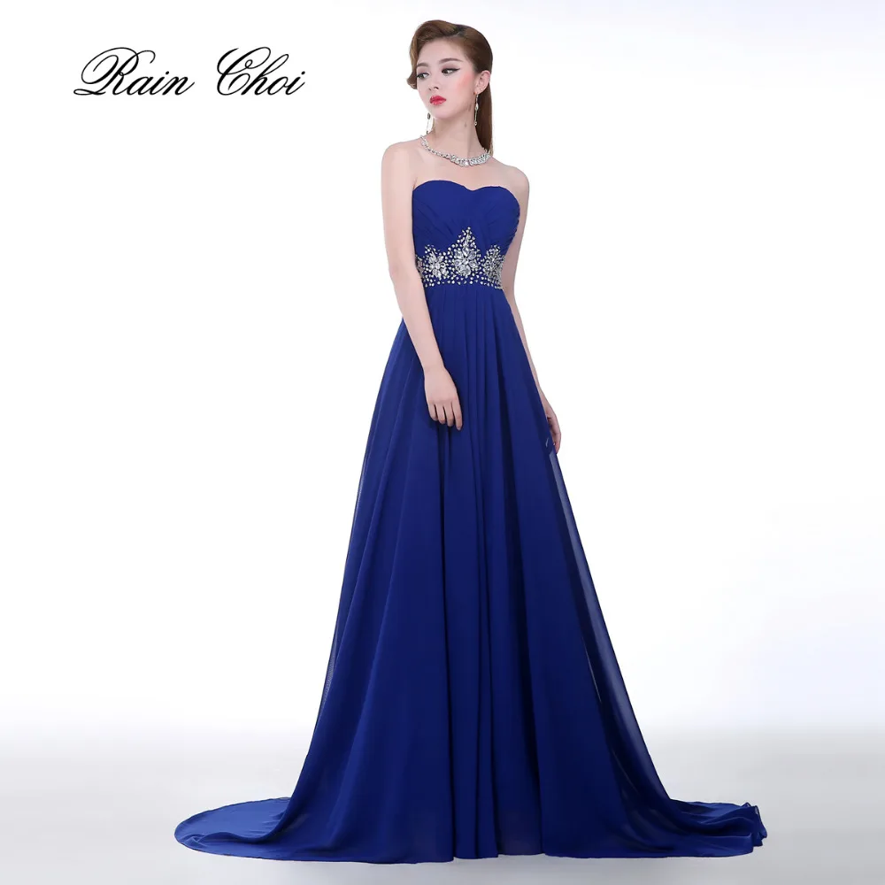Crystal Royal Blue Chiffon Prom Dresses With Train Fashion Sweetheart