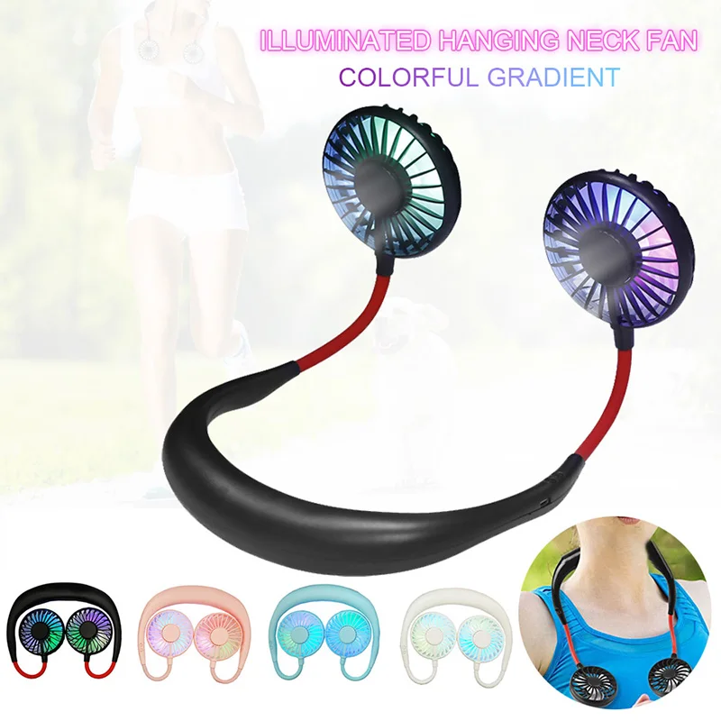Mini Portable Hands-Free Neck Fans With Light USB Rechargeable Battery And Dual Wind Head