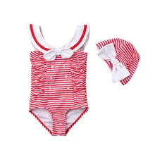 Летний купальный костюм для новорожденных девочек, пляжная одежда, Цельный купальник-бикини в полоску с бантом, купальный костюм, шапочка для плавания