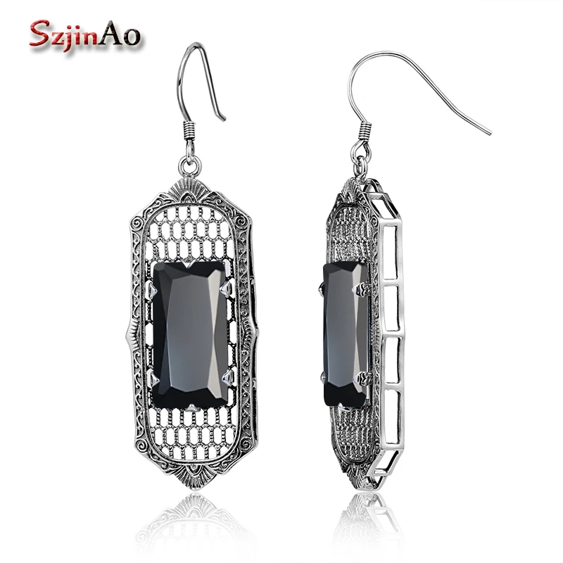 

Szjinao Big Black Stone Earrings Square Ethnic Vintage Zircon 925 Silver Women Earrings Indian Jewelry Wedding Earrings