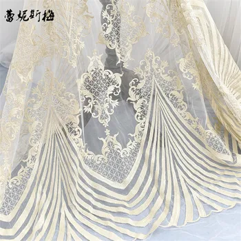 

2MetersX 130cm High-grade Light Gold Embroidery Sequins Lace Fabric Wedding Dress diy Mesh Fabric Clothing Dress Material Cord
