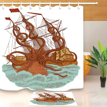 

LB Kraken Monster Attack Ship in a Sea White Shower Curtain with Mat Set Landscape Bathroom Waterproof Fabric For Bathtub Decor