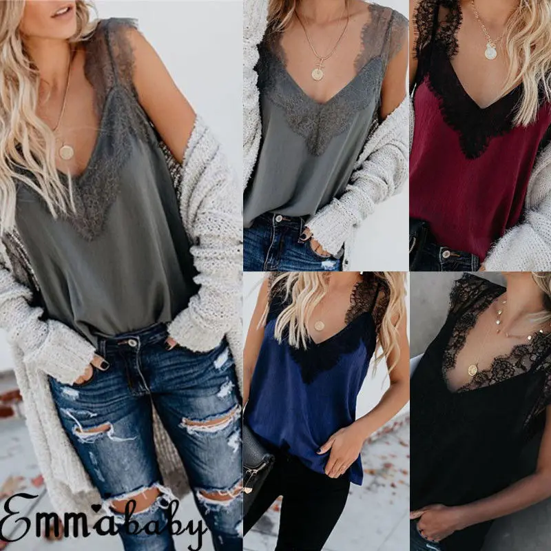 

Sexy Women's Lace Stitching Deep V-Neck Casual Vest Summer Sleeveless Wide Shoulder Strap High Street Style Loose Vest