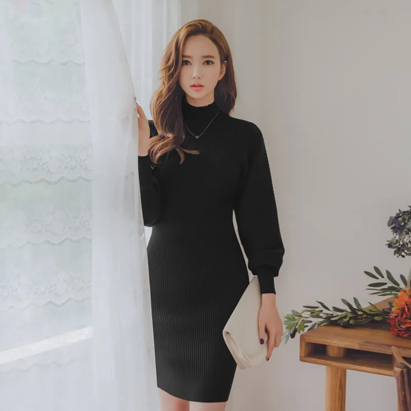 Autumn Slim O-neck Lantern Sleeve Knitted Sweater Dresses Women Casual Warm Hip Packaged Knitwear Fashion Pullover Dress Vestido Autumn Slim O-neck Lantern Sleeve Knitted Sweater Dresses Women Casual Warm Hip Packaged Knitwear Fashion Pullover Dress Vestido