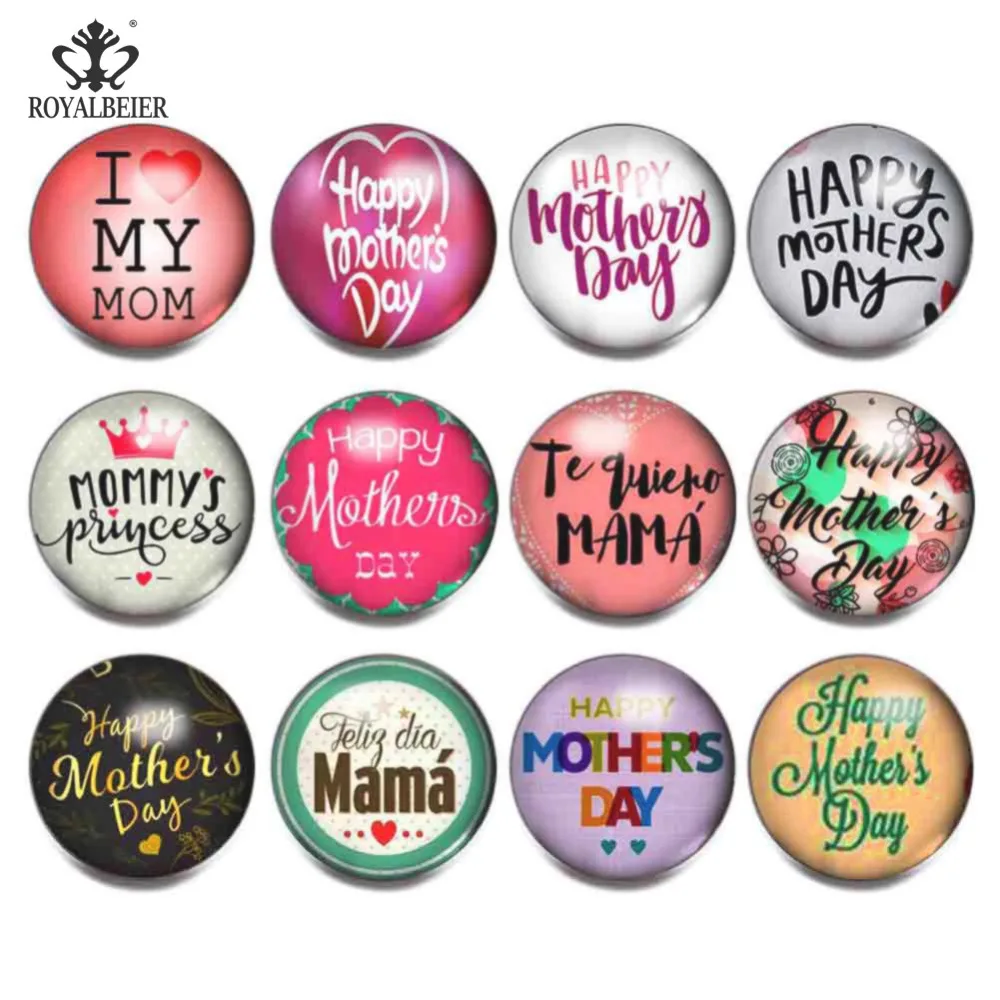 

RoyalBeier 12PCS/lot Mixed Styles of Mother's Day Gift for Mother Blessing Greetings 18mm Glass Snap Buttons DIY Women Jewelry