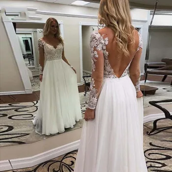 

Bohemian Wedding Dresses With Long Sleeve Backless Appliques A Line Country Wedding Gown Chiffon Boho Bridal Dress 2019