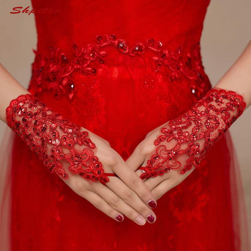 

Red Short Lace Wedding Hand Gloves Beaded Fingerless for Bride Evening Long Bridal Gloves