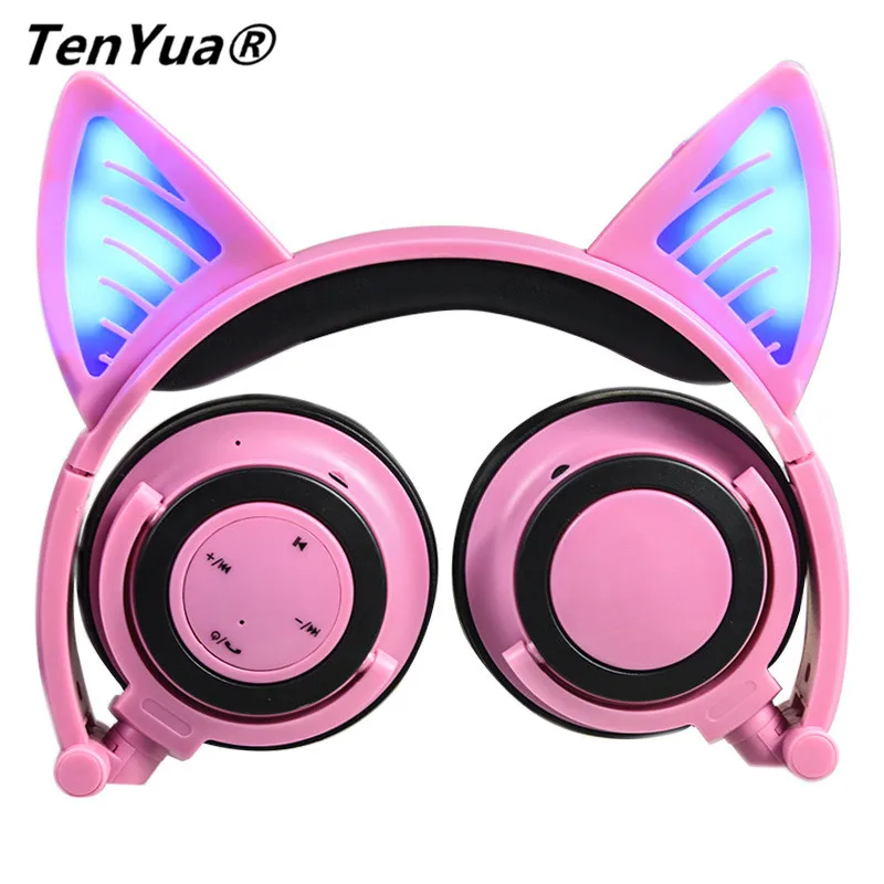 TenYua Wireless Bluetooth Cat Ear Headphones Foldable Gaming Headset Earphone with Glowing Light Halloween Gift for Girls Kids