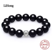14 мм черные бусины из агата влюбленных стерлингового серебра 925 Шарм, мужской браслет рыбы Символ браслет и браслет для пар
