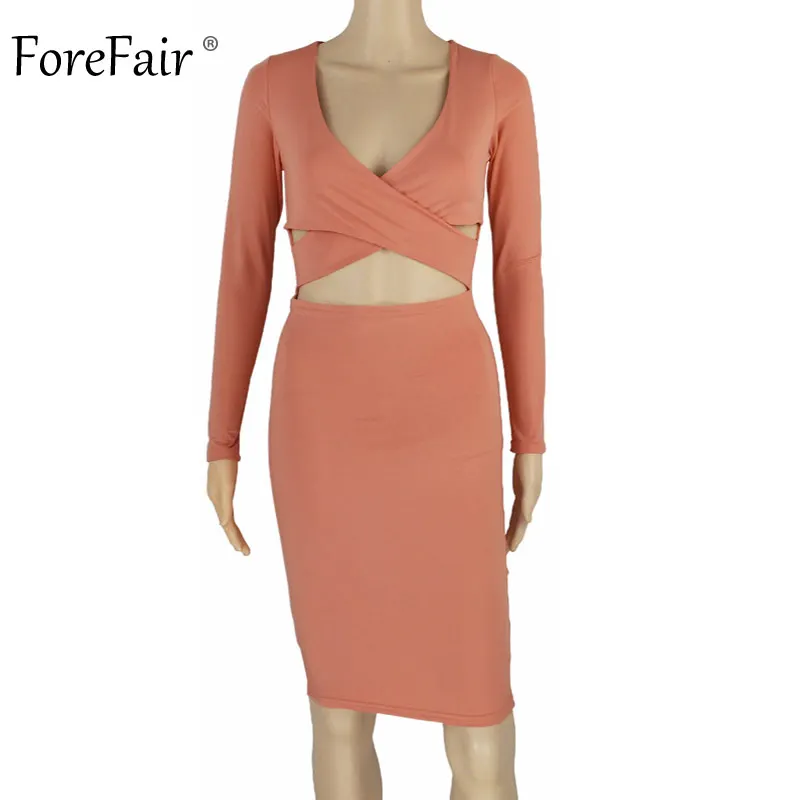 ForeFair с длинным рукавом Bodycon Midi Бандажное платье для женщин хлопок эластичные элегантные сексуальные платья белый черный красный Женское зимнее платье - Цвет: Orange Pink Dres