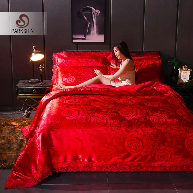 

ParkShin Red Wedding Bedding Set Decorative Decor Home Bedroom Bedspread Double Queen Size Adult Silk Luxury Duvet Cover Set