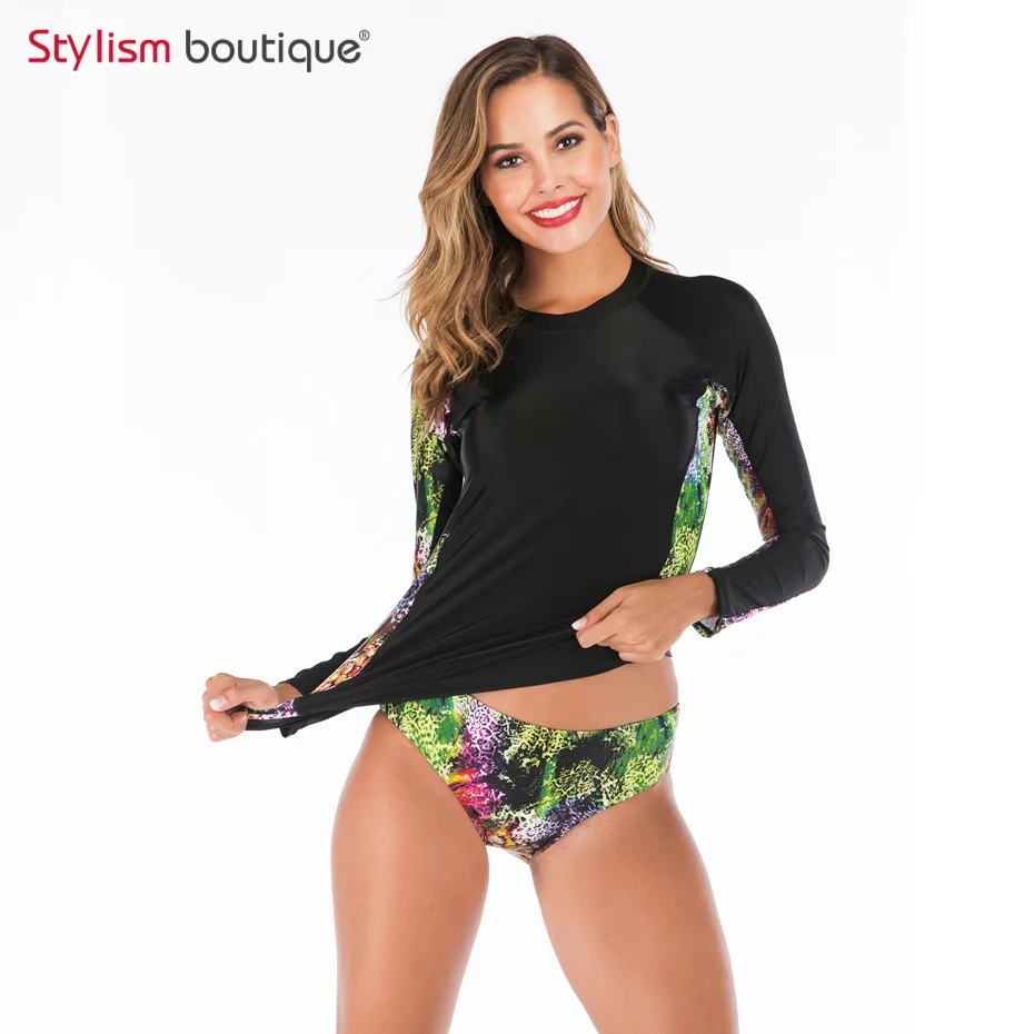 New Rashguard Padded Long Sleeve Swimsuit Surfing Rash Guard Women Two Piece Swimwear Separate Tankini Sport Bathing Suit