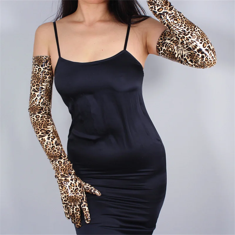 Женские Модные леопардовые кожаные перчатки 28 см, лакированная кожа, короткая искусственная кожа, яркая кожа, золотисто-коричневая, животный узор
