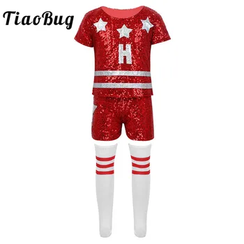 

TiaoBug Kids Teens Hip-hop Jazz Stage Dance Cheerleader Costume Children Girls Street Dancing Star Sequins Tops Shorts Socks Set