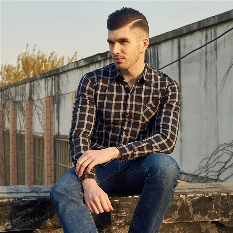 Casual Men's Long Sleeve Plaid Dress Shirt Cool Classic 100% Cotton Male Social Work Business Dress Shirt Tops Camisa Masculina (16)