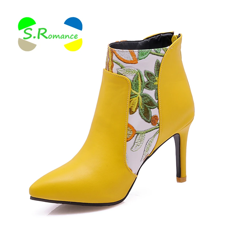 

S.Romance Women Ankle Boots Woman Winter Shoes Supper High Thin Heels Zipper Flower Print PU Pointed Toe High Quality 2018 SB241