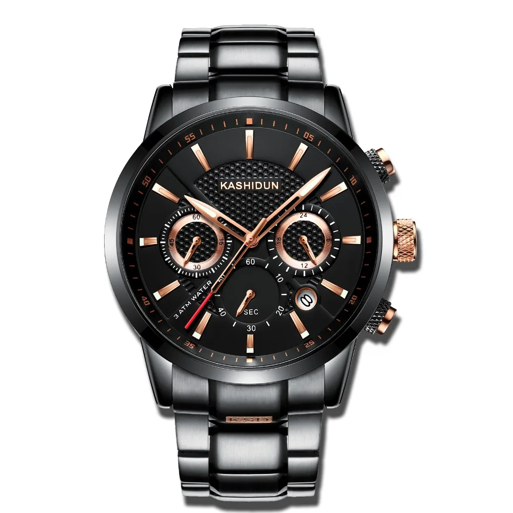 KASHIDUN Classic Black Rose Gold Watch Calendar Date Window For Men Casual Waterproof Quartz Wristwatch Business Meeting Date 