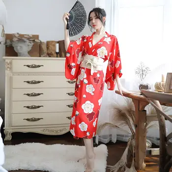 

Lady Sexy Costumes Japanese Kimono Yukata Dress with Belt Satin Silk Cardigan Pajamas Sleepwear Woman Smooth Bathing Robe Gown