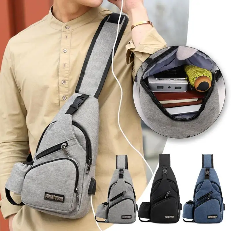 Нагрудная сумка мужская с боковым карманом для бутылки Оксфорд Слинг Сумка через плечо USB зарядка интерфейс ранец большой Кроссбоди Чаринг сумка