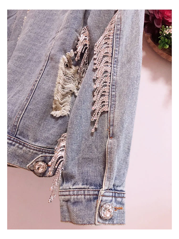 Женская джинсовая куртка с кисточками украшенная драгоценными камнями Осень-зима рваные джинсы оверсайз с длинными рукавами верхняя одежда