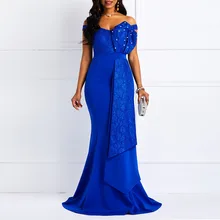 Women Off Shoulder Long Dress Sexy Mermaid Slash Neck Beads Skinny Robe Prom Evening Fashion Patchwork Lace Elegant Maxi Dresses