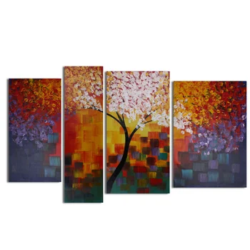 

4pcs/set Hand-paint Modern Abstract Tree in Blossom Oil Paintings on Canvas Wall Art Modular Pictures Home Decor Unframe
