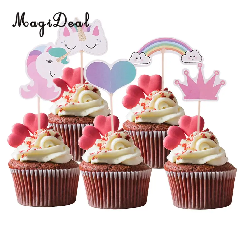 MagiDeal 2 Set Rainbow Unicorn Cake Topper Love Shape Crown Food Picks Party Decor