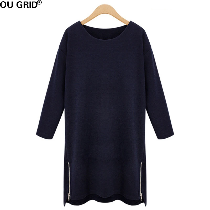 

Black&Dark Blule Knitted Sweater 2016 New Fashion Winter Autumn Women's Plus Size Zipper Long Knit Pullover Sweater Dress