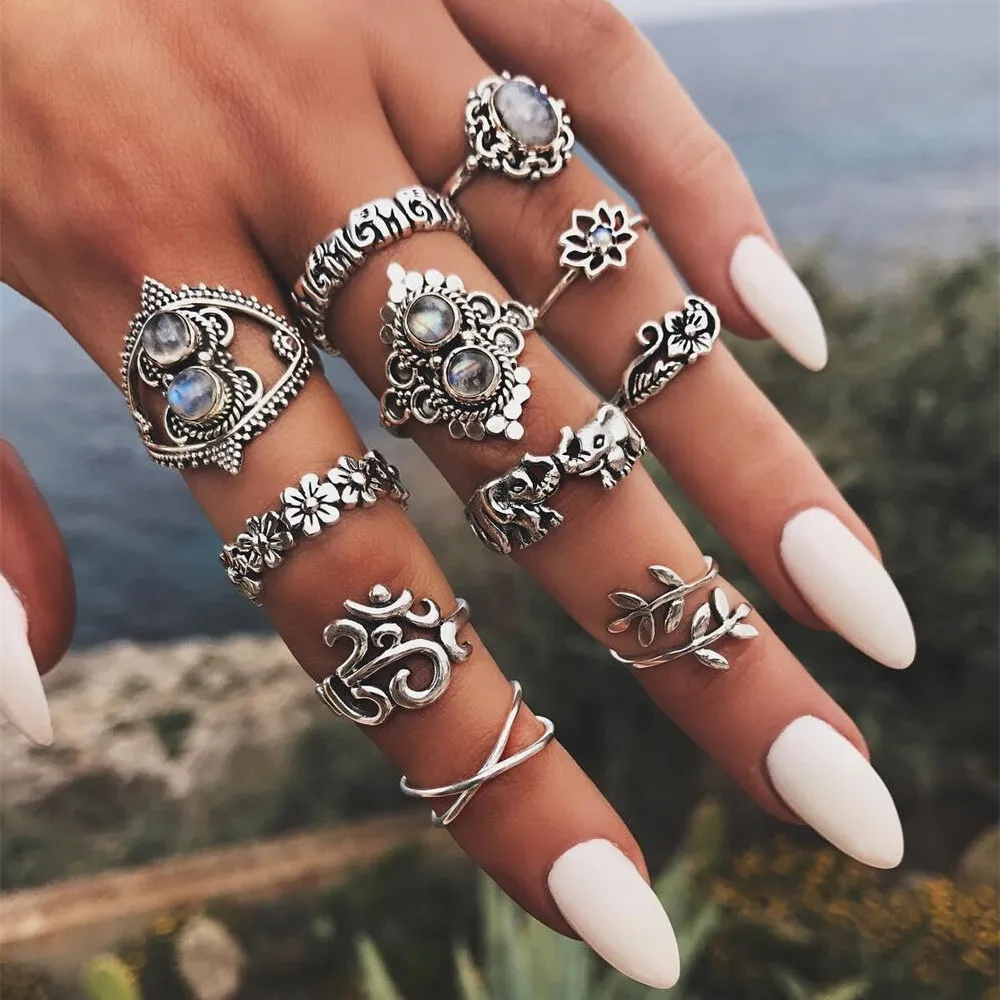 

DIEZI Vintage Silver Color Midi Finger Elephant Lotus Rings Set for Women Punk Knuckle Party Antique Rings Boho Christmas Gift