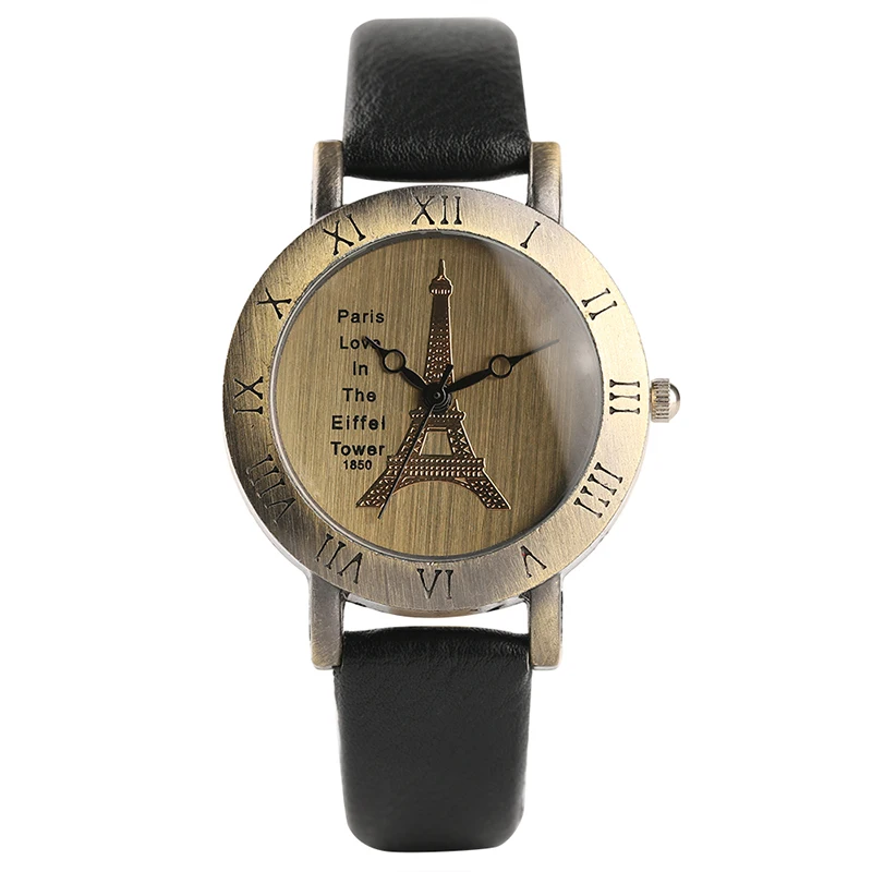 

Retro Eiffel Tower Dial Women Wrist Watch Vintage Bronze Quartz Ladies Watches Roman Numerals Analog Clock with Leather Strap