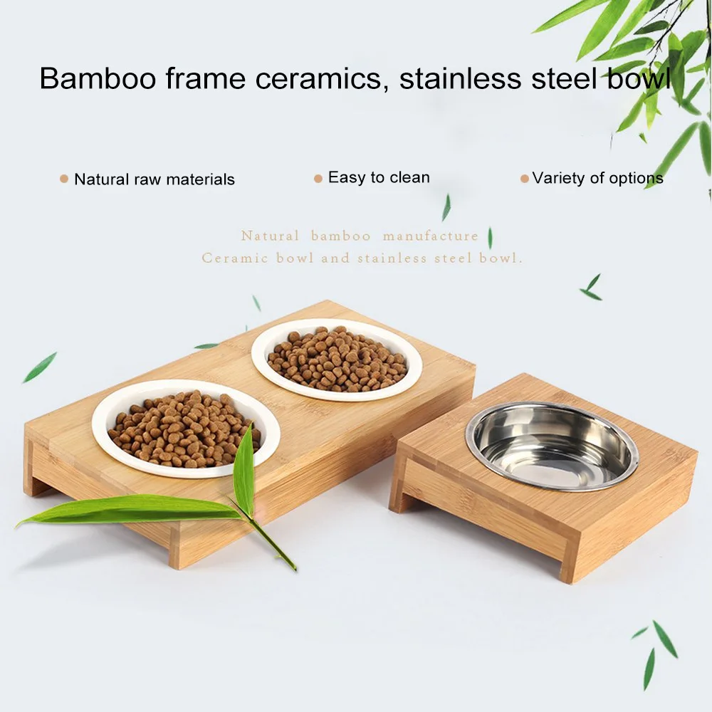 

2019 New Cat Dog Pet Stainless Steel/ceramic Feeding and Drinking Bowls Combination with Bamboo Frame for Pet Dogs Cats