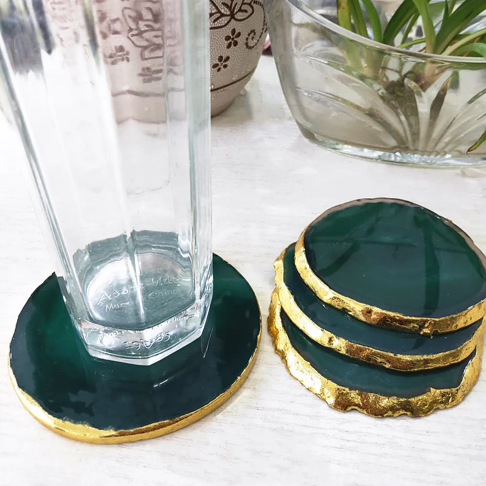 

Crystal coaster Natural Green gilded edge agate Quartz cup mat Healing Reiki