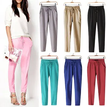 

2020 Fashion Women Leisure Strappy Pants Elastic Waist Bright Color Summer Spring Plus Size Women Polyester Trousers