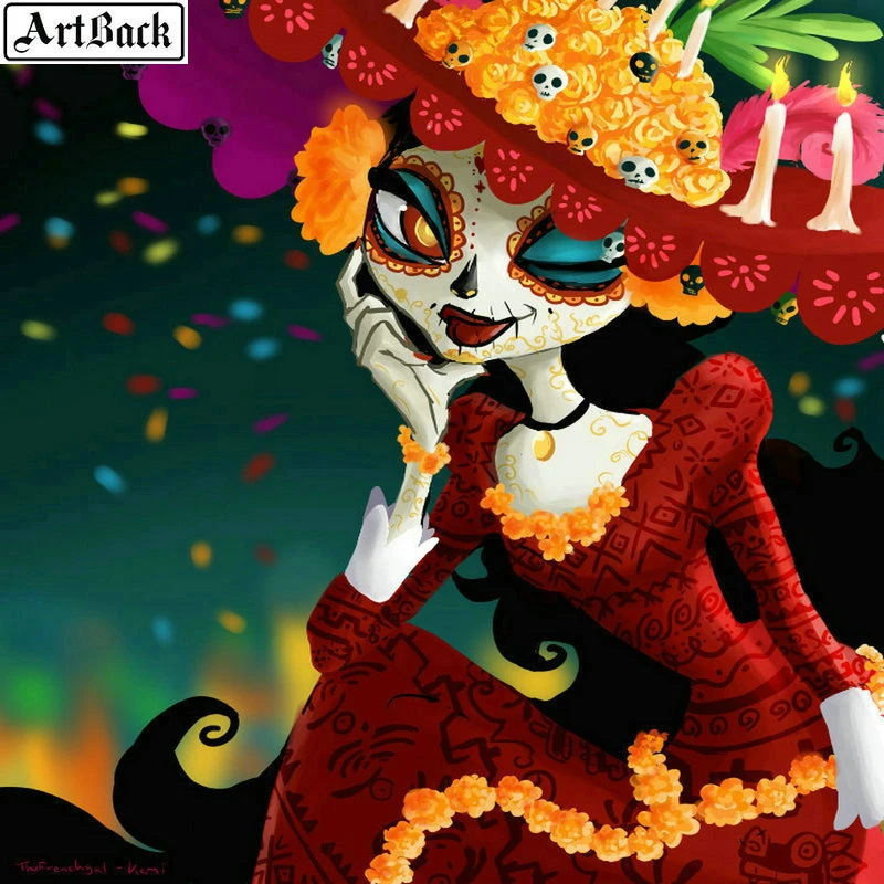 5d diy pintura de diamante calavera niña flores cuentas cuadradas completas  rhinestone 3d diamante redondo mosaico cráneo pegatina de azúcar  art|Pintura de punto de cruz de diamantes| - AliExpress