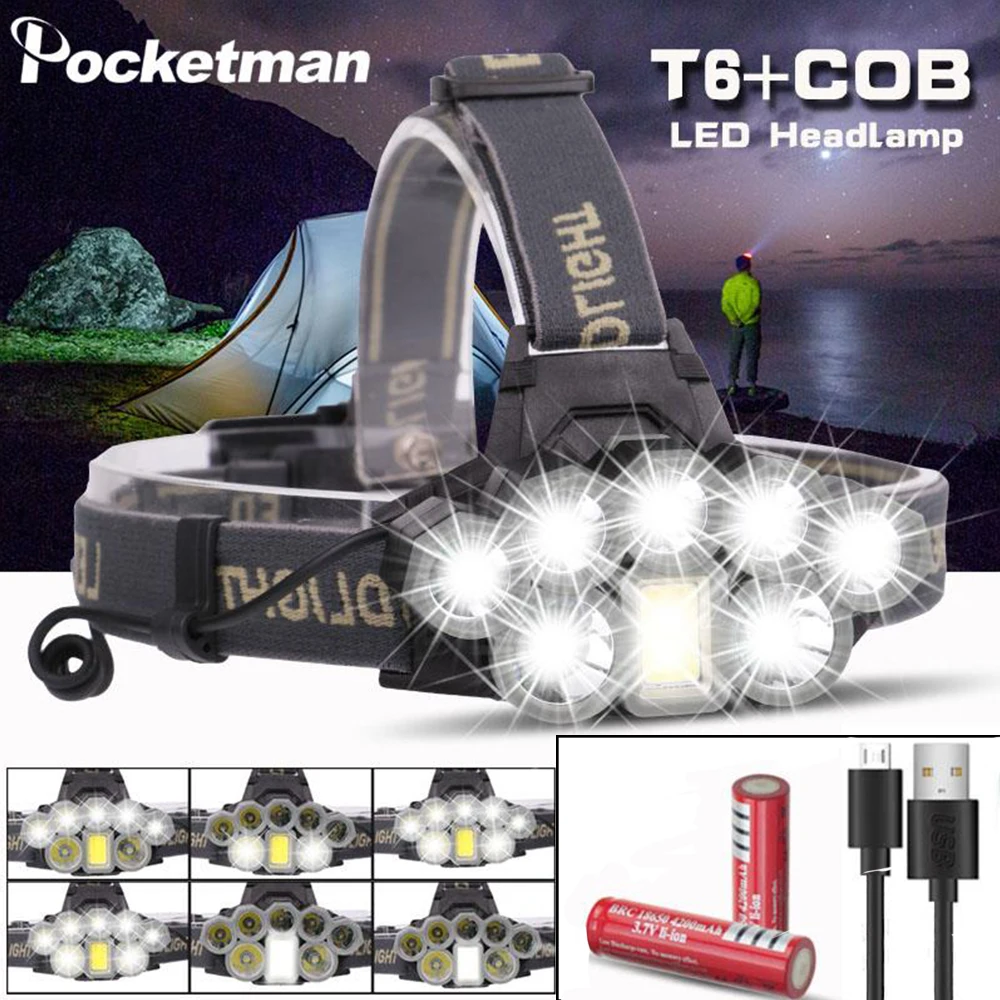 

80000LM LED Headlight 2*T6+5*Q5+1*COB Super Bright Headlamp Waterproof Flashlight Rechargeable Torch Head Light Lantern 18650