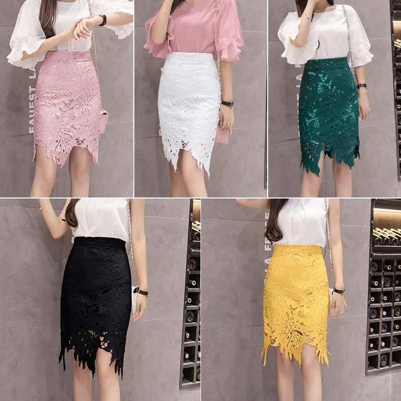 

Summer Spring Women Fashion Lace Skirt High Waist Crochet Flower Asymmetrical Skirts For Women White Black Green Pink Skirt