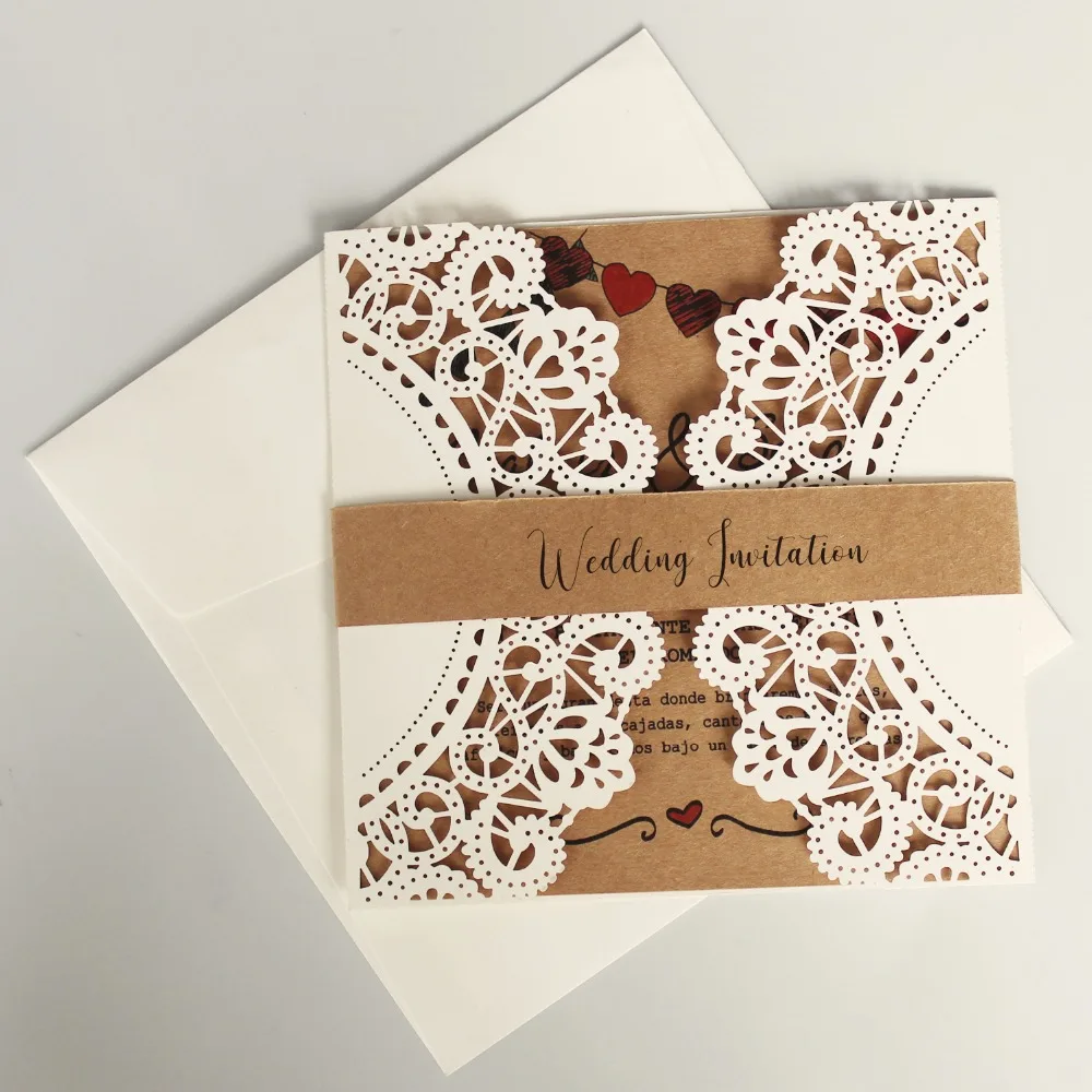 Rustic Wedding Invitation Ivory Lace Wedding Invite Kraft Paper Invitation Cards - Set of 50 pcs - 32898201540