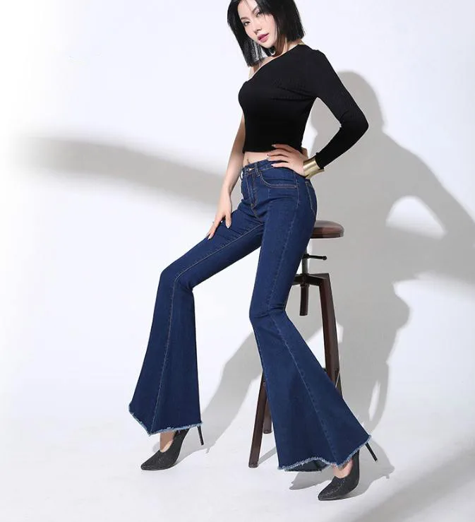 Navy blue Женские Осенние новые рыбий хвост расклешенные джинсы несимметричные заплатки брюки эластичные тонкие - Цвет: Navy blue