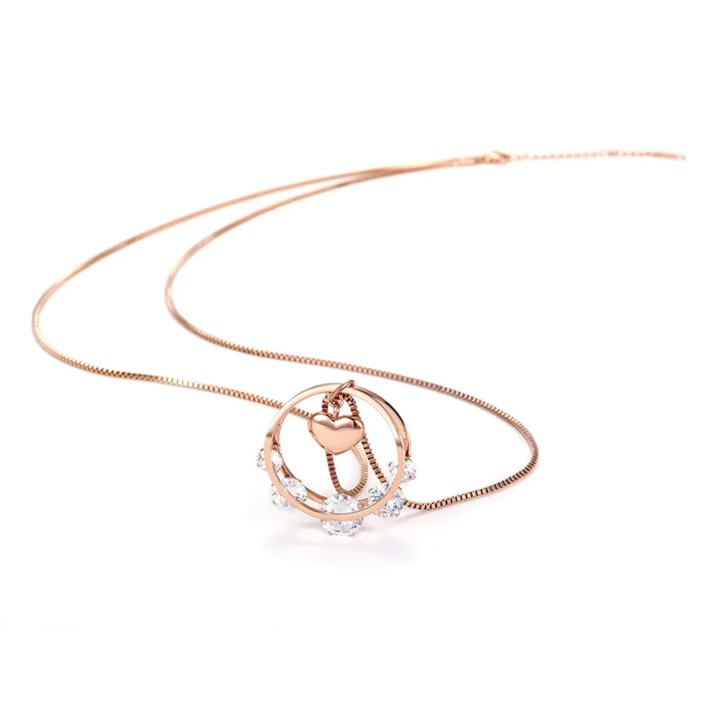 Piedra Natural Amor Collar de Cadena Larga de Oro Rosa de Color de Acero Inoxidable Círculo Collana Vintage Ronda CZ Corazón Pendiente Dominante de los Pares