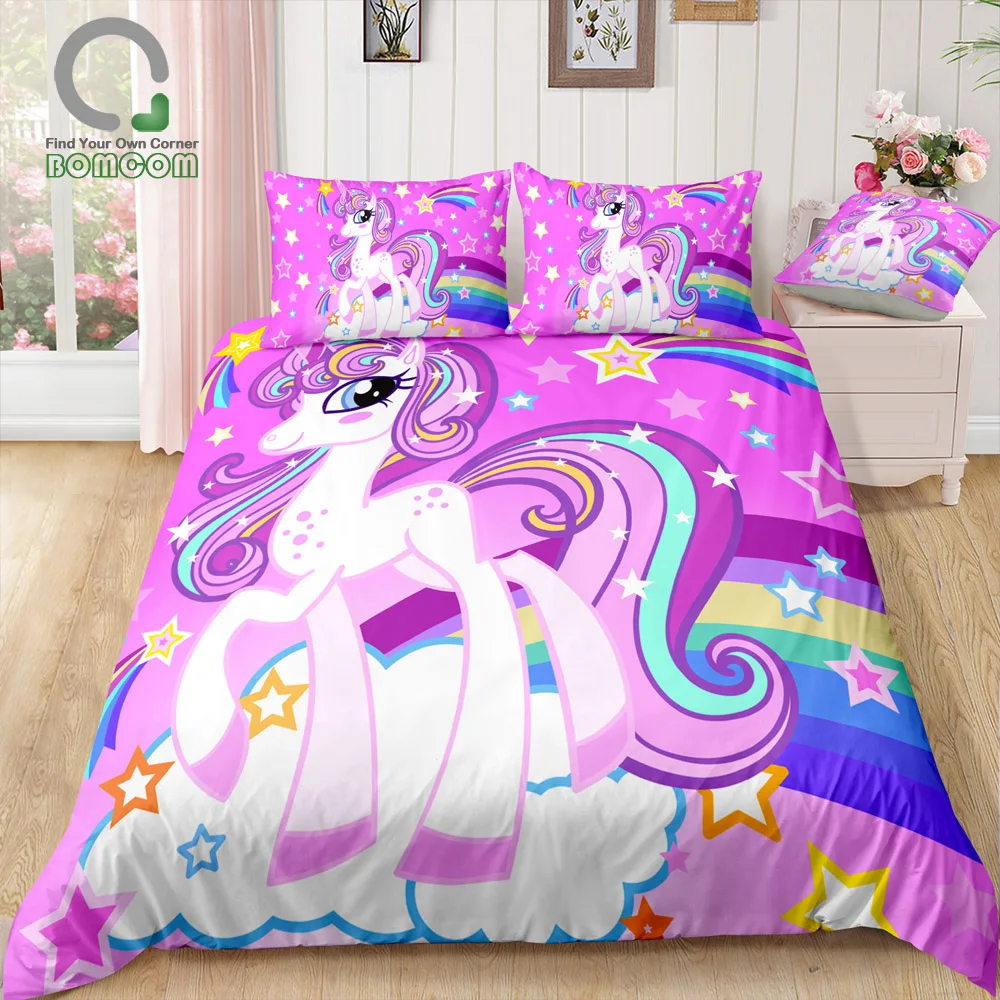 

BOMCOM 3D Digital Printing Bedding Set Purple Unicorn on rainbow Shooting Star 3-Piece Duvet Cover Sets 100% Microfiber