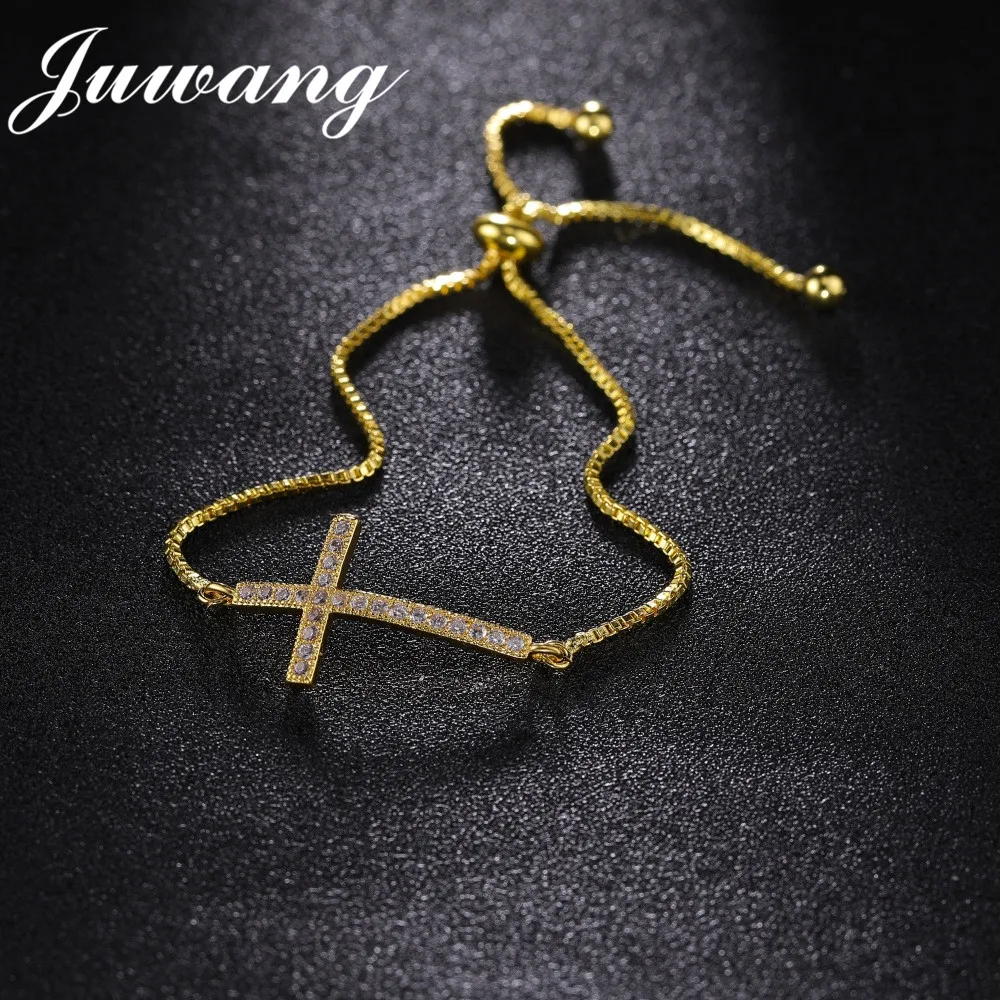 

JUWANG 2018 New CZ Zircon Cross Bracelet & Bangle for Women Girl 3 Colors Gold Color Wedding Party Bracelet Jewelry Gift