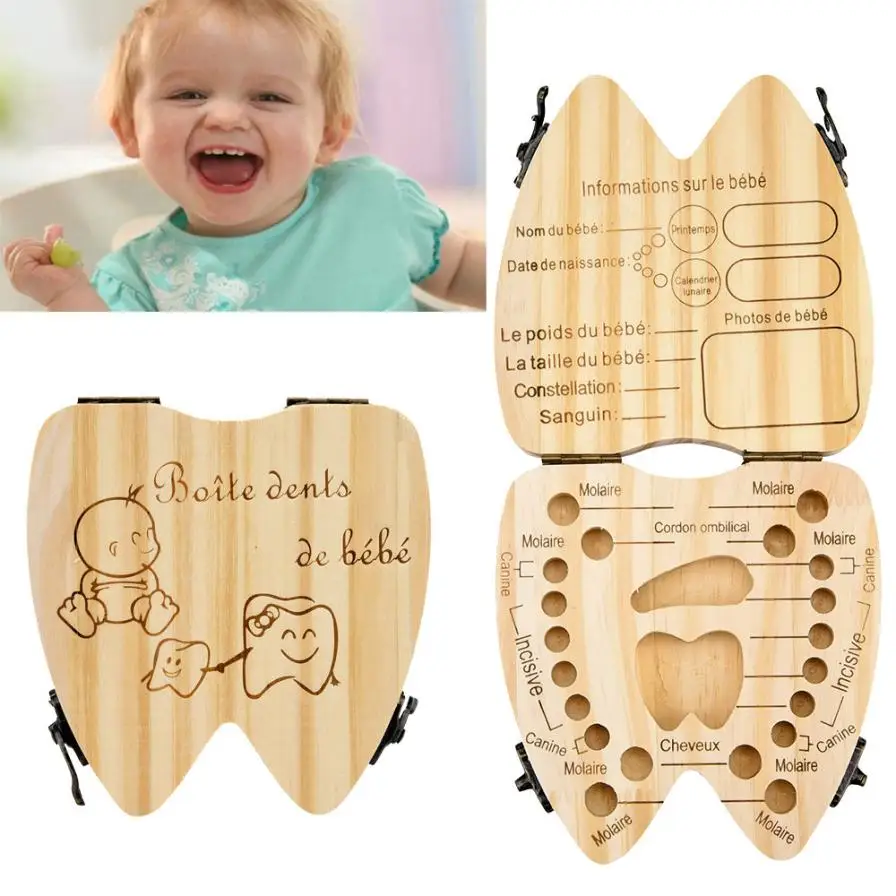 

French Kids baby Tooth Box Organizer Baby Milk Teeth Save Wood Storage Box 5O0614